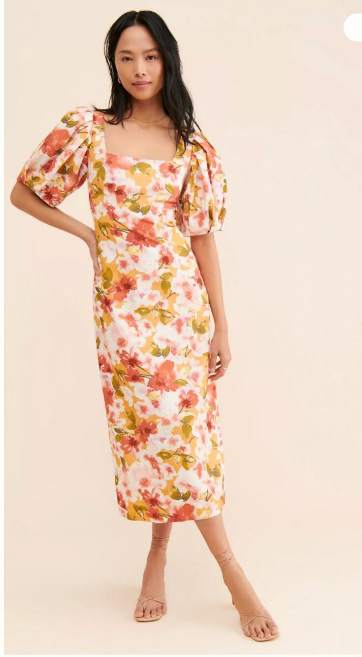 Moon River Anthropologie Floral Midi Puff-Sleeve Dress NWT $135 sz S